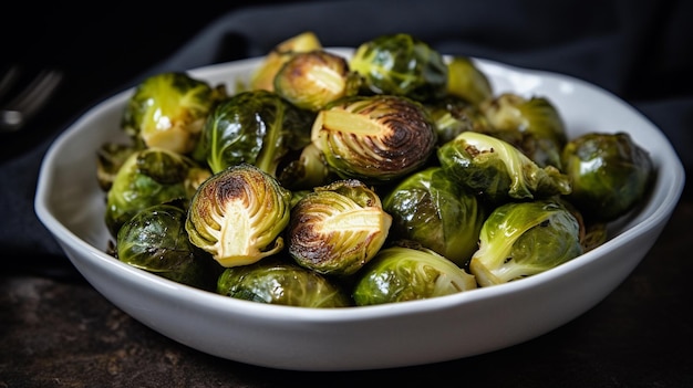 Un plato de coles de Bruselas con una guarnición de salsa