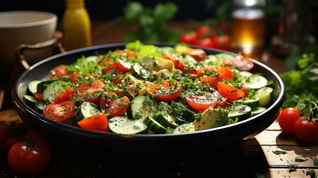 un plato colorido de ensalada con tomates y pepinos en el lado