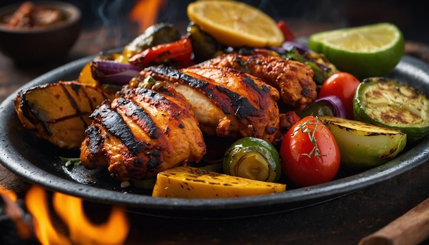 Foto un plato colorido de pollo tandoori y verduras con el enfoque en el borde carbonizado tentador