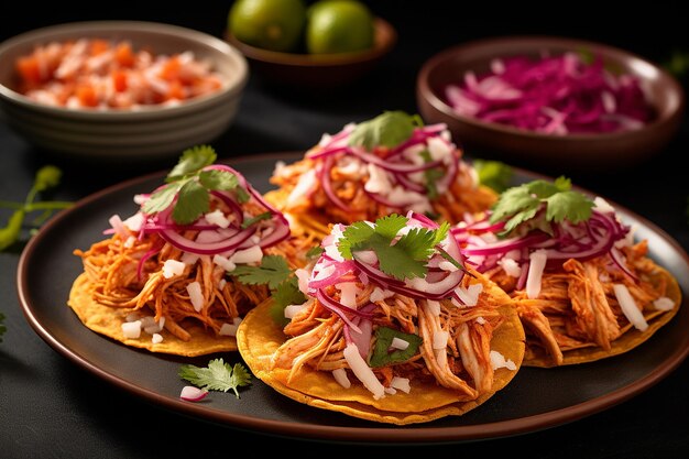 Un plato colorido de tinga tostadas al estilo mexicano con pollo triturado