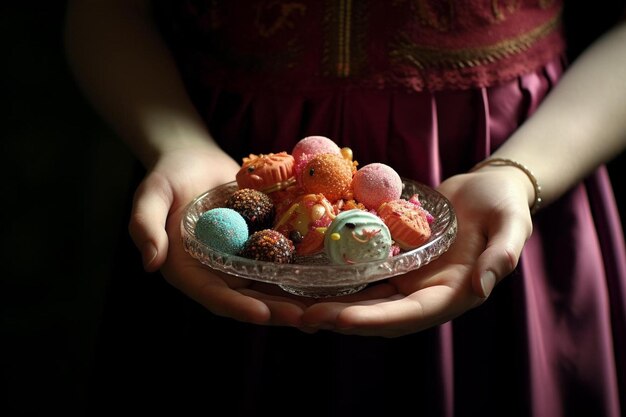 un plato de coloridos helados y chocolates