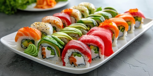 Un plato de coloridos rollos de sushi hechos con pescado y verduras frescas