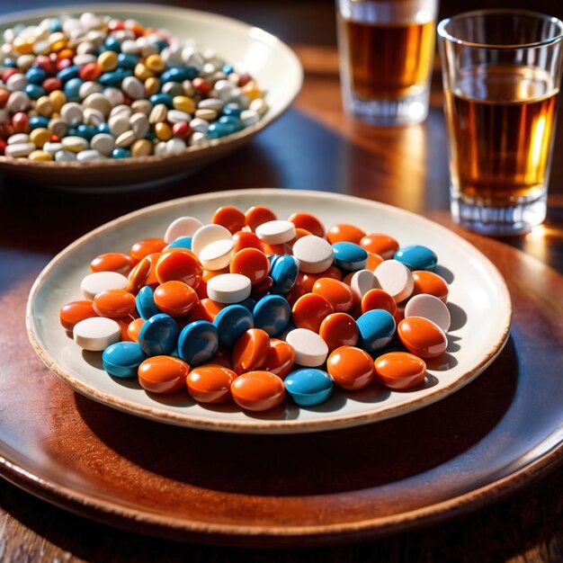 Foto plato de comedor lleno de pastillas que indican una dieta de buena nutrición como medicina