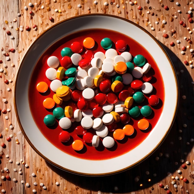 Foto plato de comedor lleno de pastillas que indican una dieta de buena nutrición como medicina