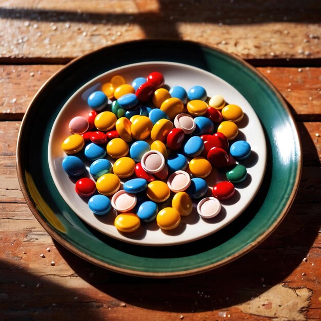 Plato de comedor lleno de pastillas que indican una dieta de buena nutrición como medicina