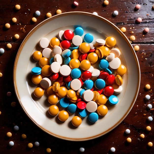 Plato de comedor lleno de pastillas que indican una dieta de buena nutrición como medicina