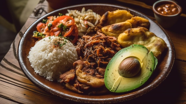 Foto un plato de comida con aguacate, aguacate y aguacate.