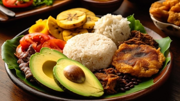 Un plato de comida con aguacate, aguacate y arroz.