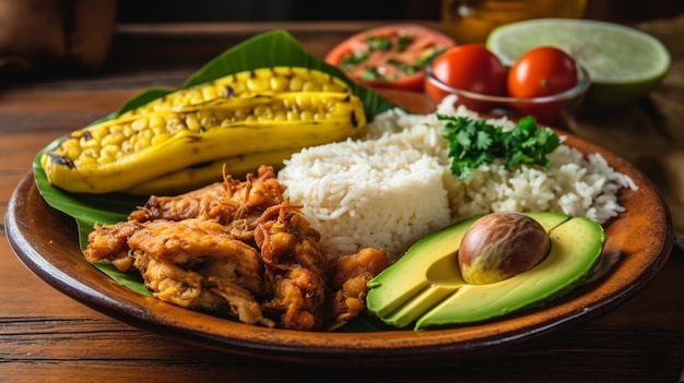 Un plato de comida con aguacate, aguacate y maíz.