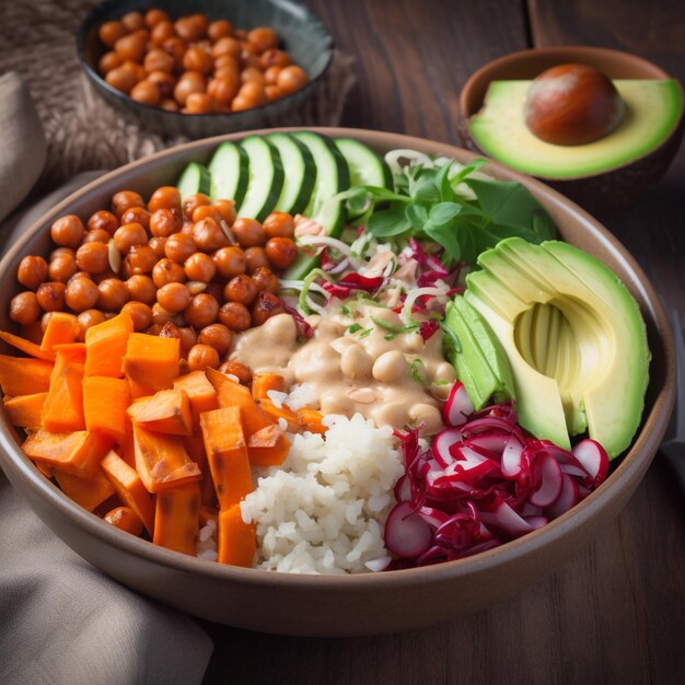 Un plato de comida con aguacate, aguacate y maní.