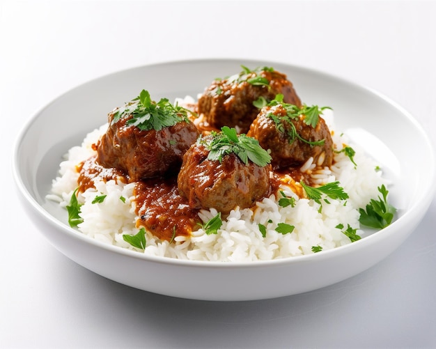 Un plato de comida con albóndigas y arroz