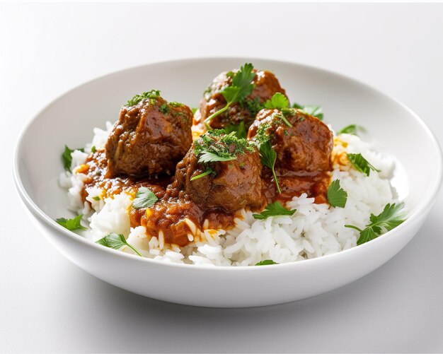 Un plato de comida con albóndigas y arroz