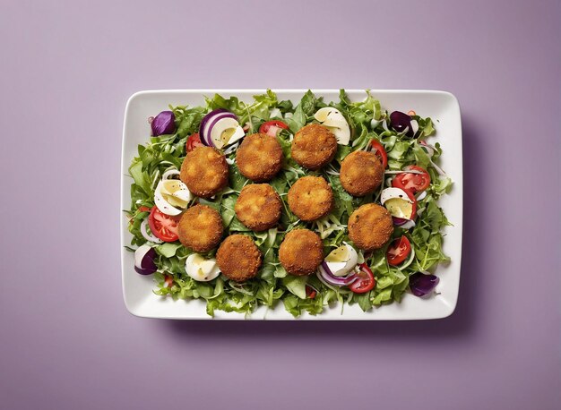 un plato de comida con albóndigas y ensalada en un fondo púrpura