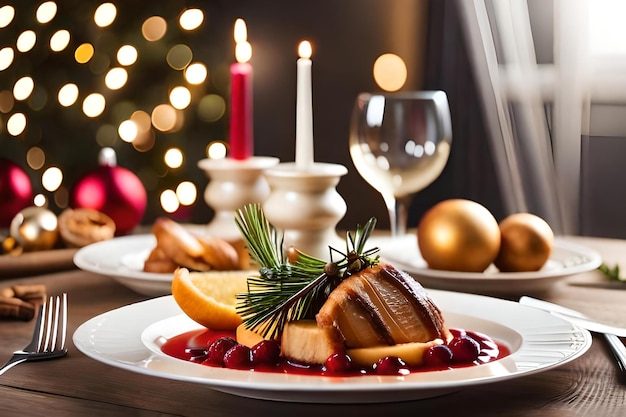 Un plato de comida con un árbol de navidad al fondo