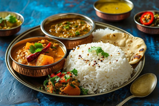 un plato de comida con arroz al curry y pan