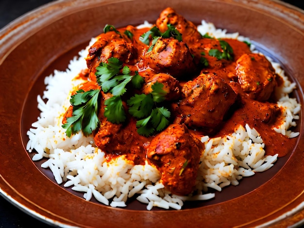 plato de comida con arroz y albóndigas pollo tikka masala roti