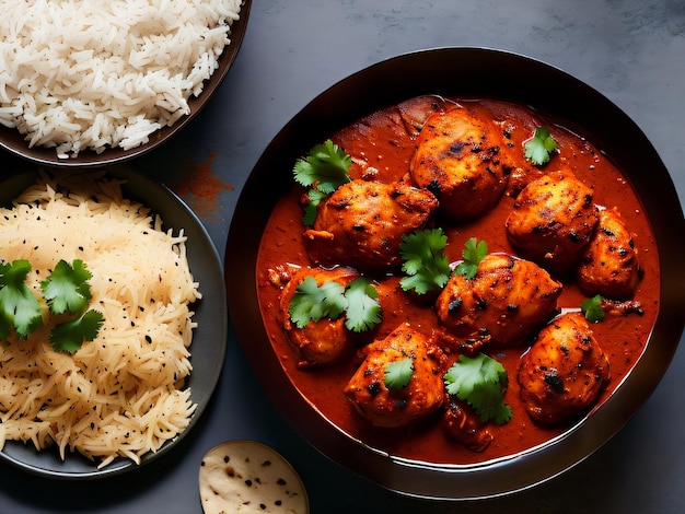 plato de comida con arroz y albóndigas pollo tikka masala roti