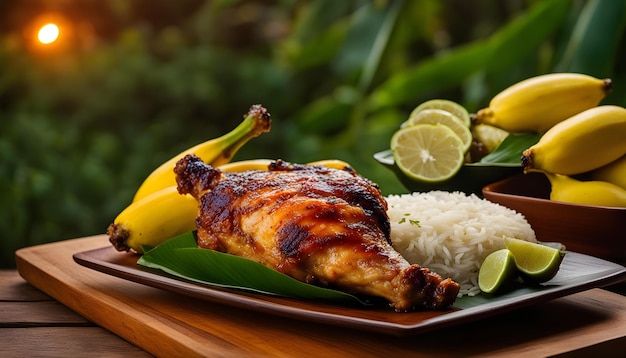 un plato de comida con arroz, arroz y limones