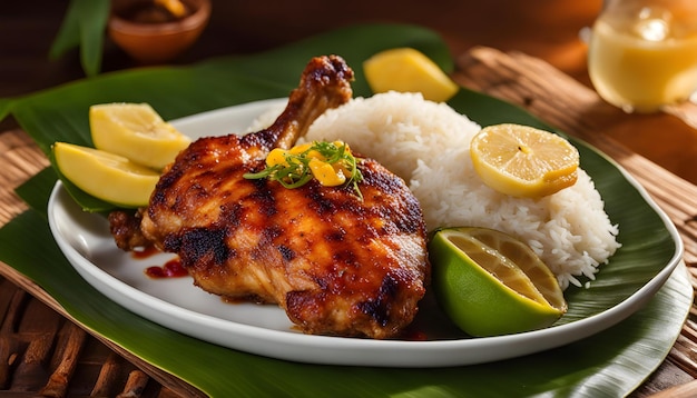 un plato de comida con arroz, arroz y rebanadas de limón