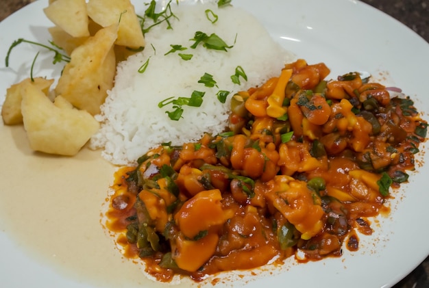 Un plato de comida con arroz y arroz