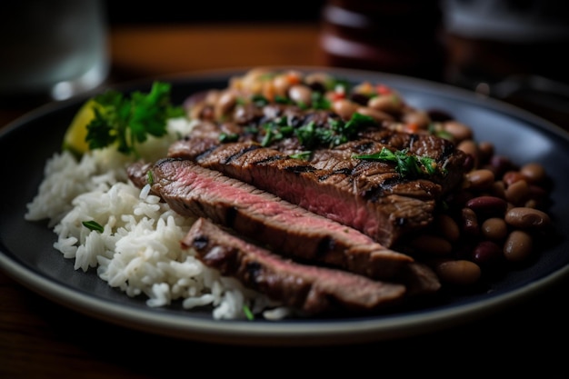 Un plato de comida con arroz blanco y carne.