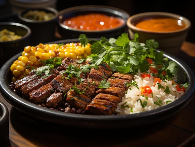 Un plato de comida con arroz, carne y verduras.