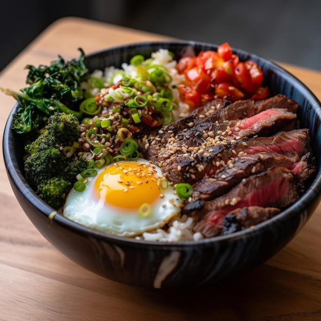 un plato de comida con arroz, carne y verduras.