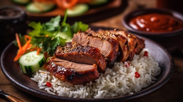 Un plato de comida con arroz y carne