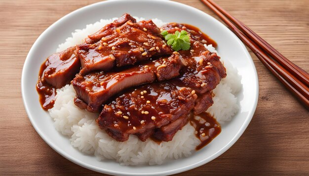 Foto un plato de comida con arroz y un chopstick en la mesa