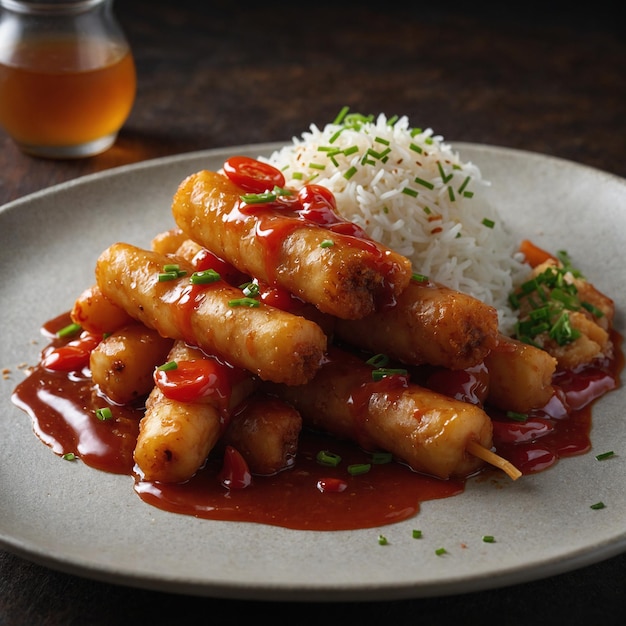 Foto un plato de comida con arroz y ketchup en él