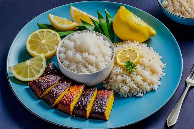 Foto un plato de comida con arroz y un limón