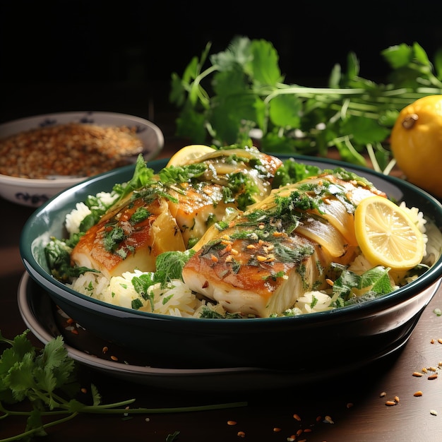 un plato de comida con arroz y un limón