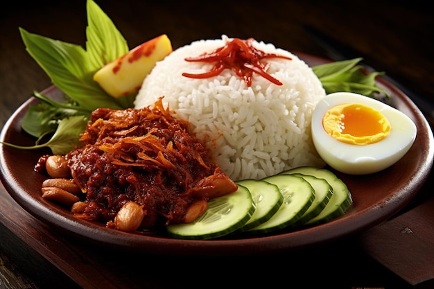 Foto un plato de comida con arroz, pepino y huevo frito.