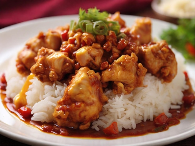 Foto un plato de comida con arroz y pollo y arroz