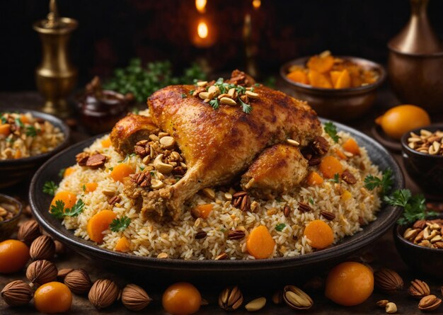 un plato de comida con arroz y un pollo en él