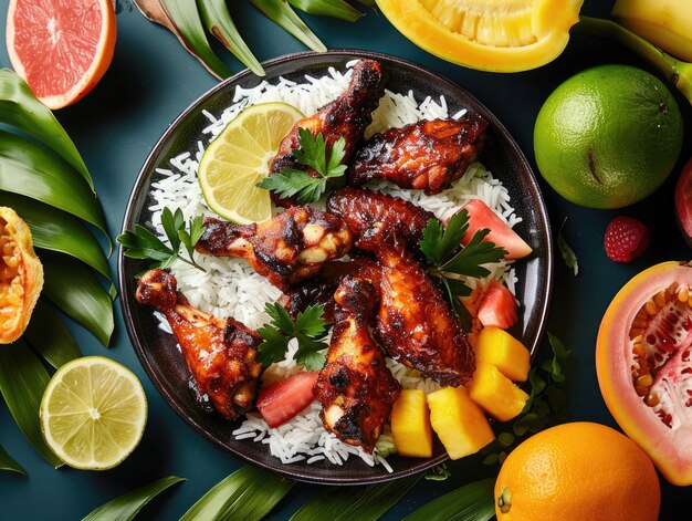 Foto un plato de comida con arroz de pollo y fruta el plato está en una mesa con otros alimentos