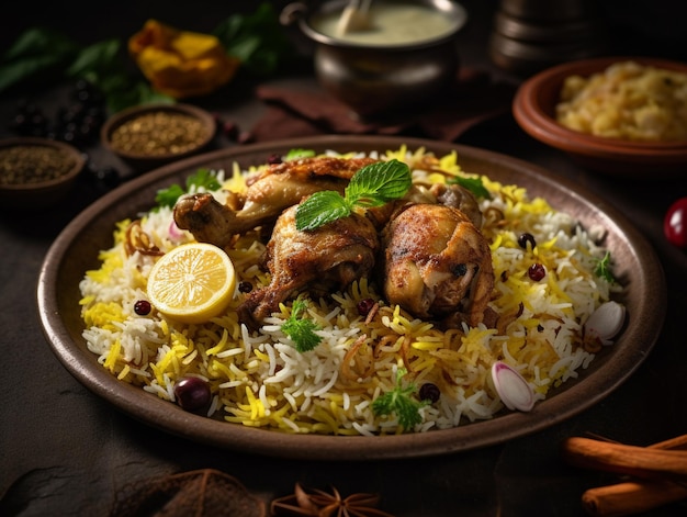 Un plato de comida con arroz, pollo y limón.