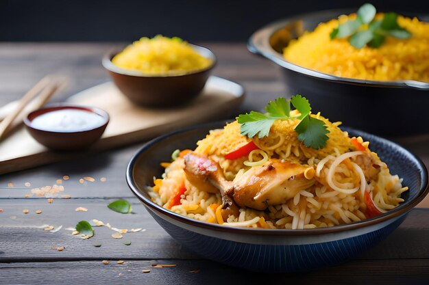 Un plato de comida con arroz y pollo.