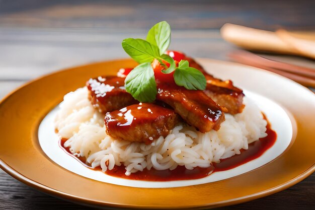 un plato de comida con arroz y una salsa roja.