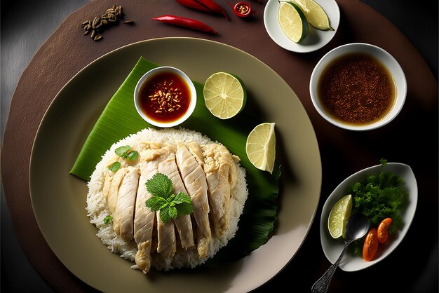 Un plato de comida con arroz y salsas