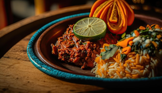 Un plato de comida con arroz y verduras.