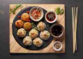 Foto plato de comida asiática baozi con palillos en la mesa con salsas y hierbasai generative