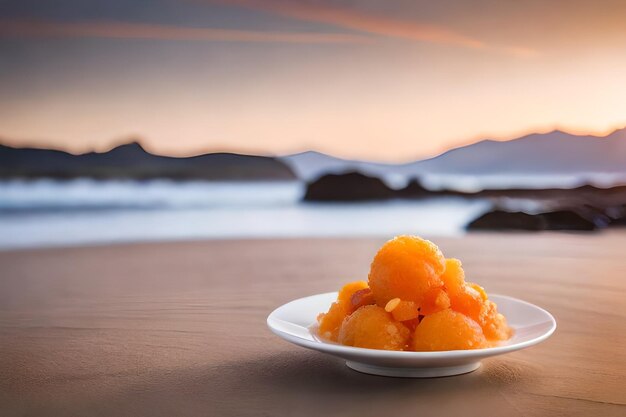 Un plato de comida con un atardecer de fondo.