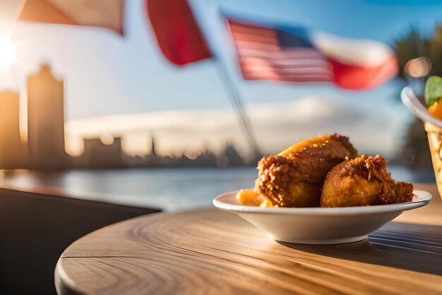 Un plato de comida con una bandera americana al fondo.