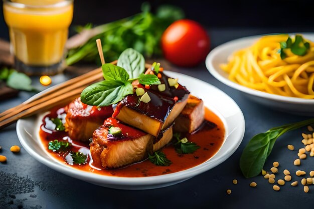 Foto un plato de comida con una bebida y una bebida en él