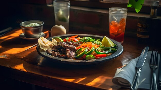 Un plato de comida con una bebida en la mesa.