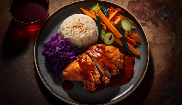 Un plato de comida con una bebida roja al fondo.