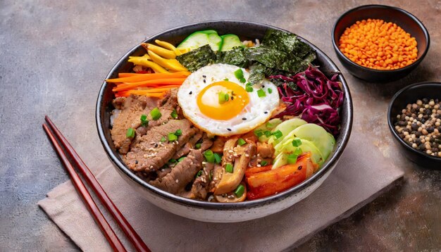 Un plato de comida de bibimbap con carne, arroz, verduras y huevo.