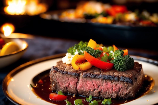 Un plato de comida con un bistec encima