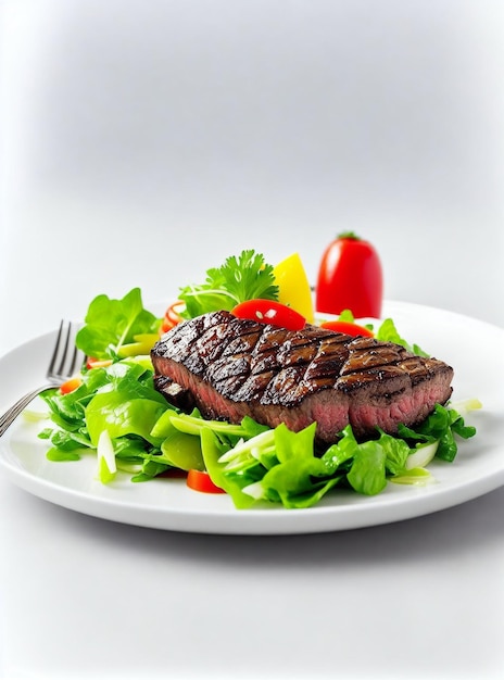 Un plato de comida con bistec y ensalada.